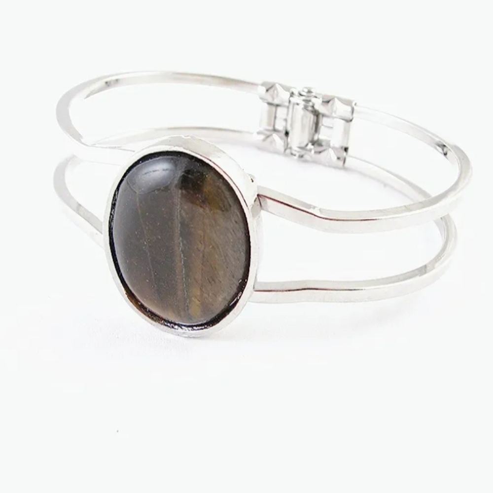 Tiger's Eye Stone Cuff Bangle Silver Toned Bracelet. - Picture 3 of 4